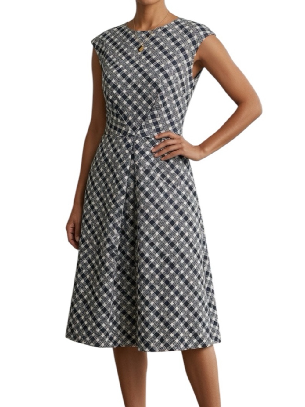 BROOKS BROTHERS: NWT  Black White Checked Sleeveless Pleated A-Line Midi Dress 4